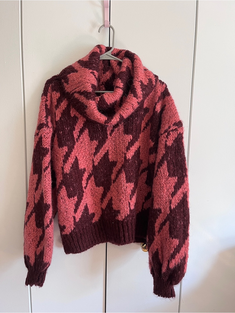 NWT Topshop Houndstooth Oversized Cowl Neck Sweater Pink Burgundy 12